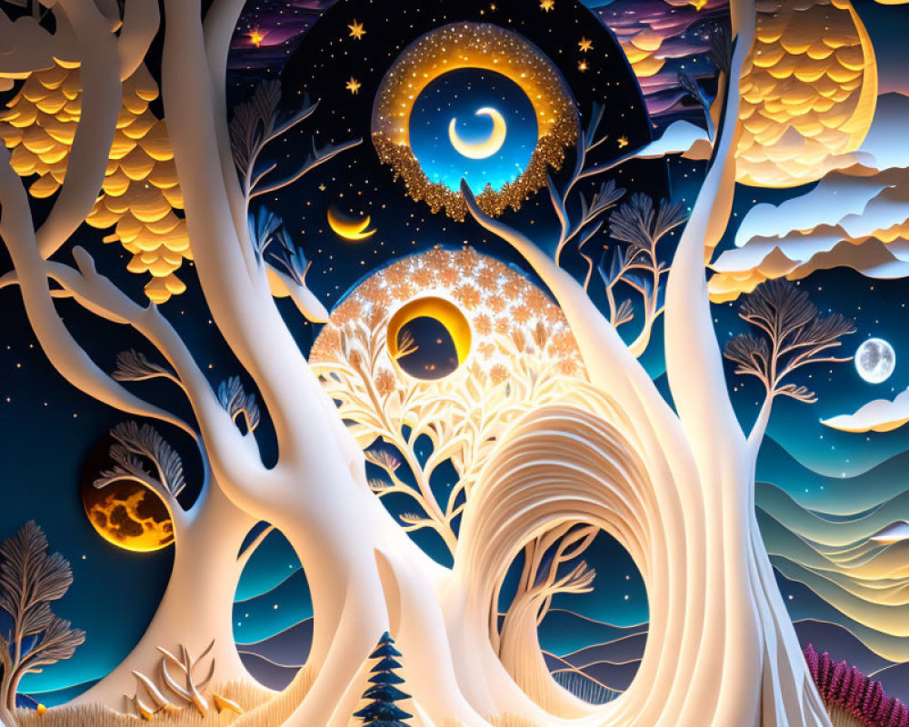 Illustration of whimsical forest with eyes, swirling trunk, and day-night blend