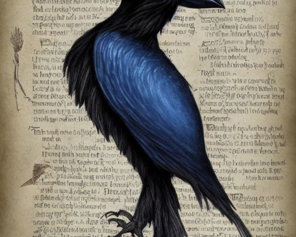 Blue and Black Bird Illustration on Script Text Page