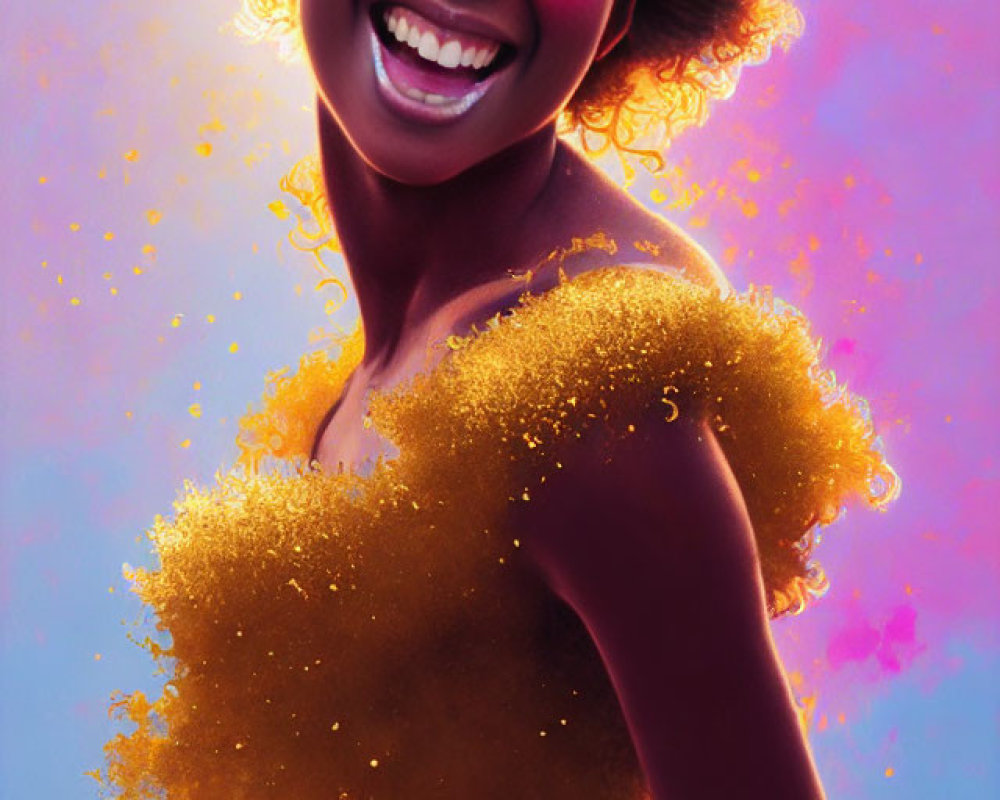 Curly-haired woman with vibrant smile in warm light and sparkles