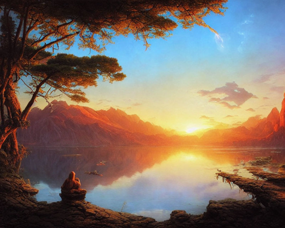 Tranquil sunset over lake with mountains, tree, and person by water