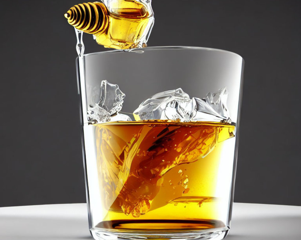 Whiskey Pouring into Glass with Ice, Splash, Honey Dipper on Grey Background