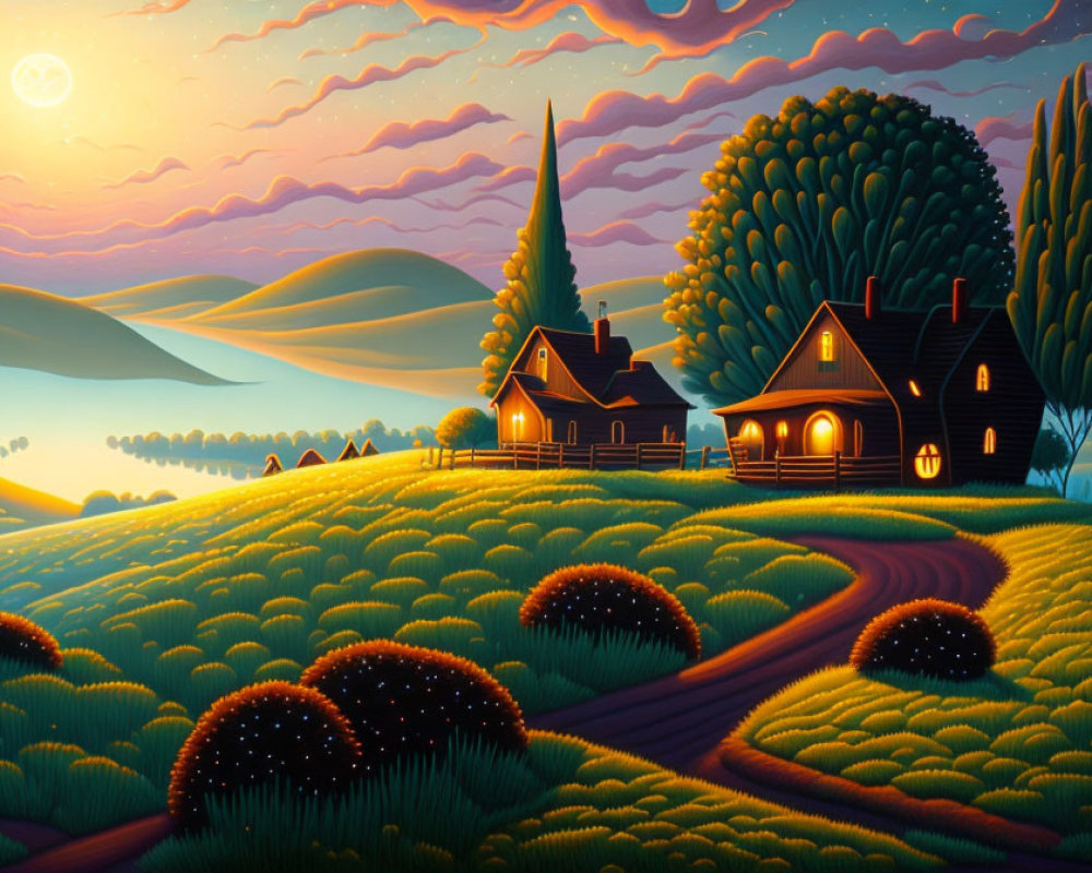 Twilight rural landscape with cozy houses and rolling hills