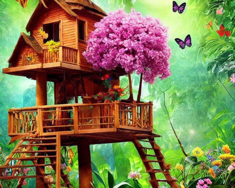 Colorful illustration of wooden treehouse in lush jungle with pink flowering tree and butterflies