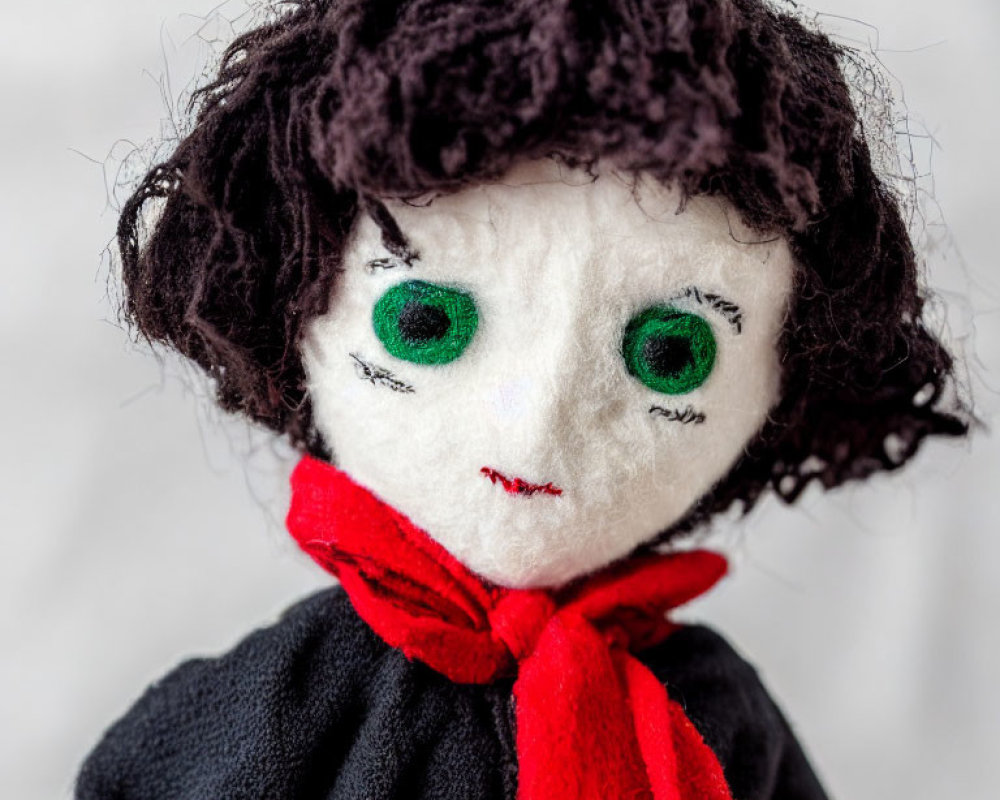 Handmade doll with green eyes, red scarf, and curly black hair