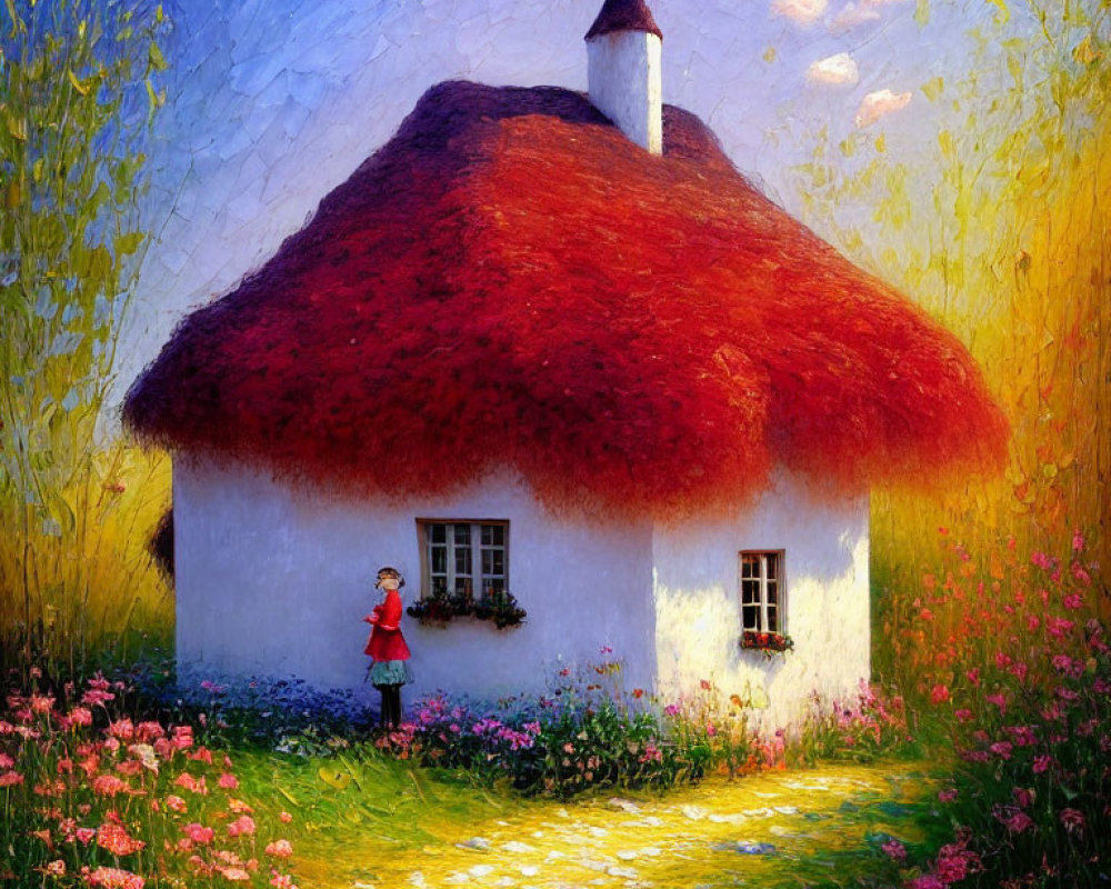 Quaint cottage with red thatched roof and vibrant flowers under blue sky