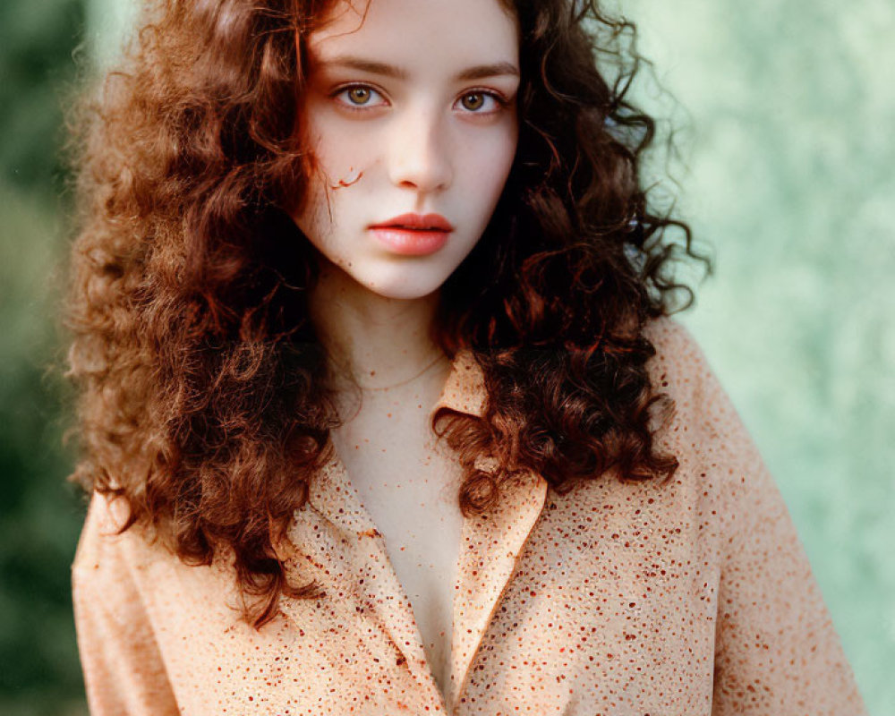 Curly-Haired Woman in Polka-Dot Blouse on Green Background