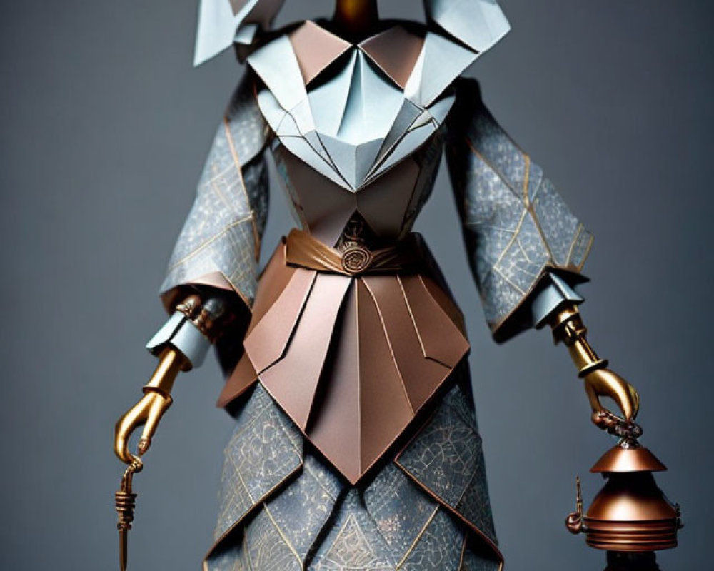 Geometric paper costume and metallic mask on humanoid figure with pen and bell