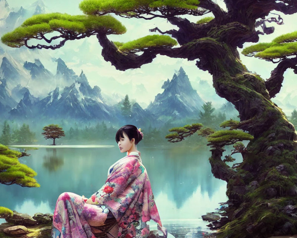 Woman in floral kimono by serene lake with misty mountains and ancient tree