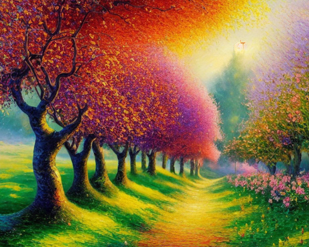 Colorful painting of purple and orange trees in a sunny meadow