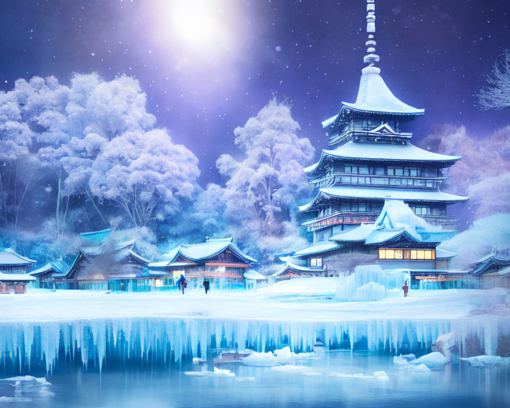 Traditional Japanese village with pagoda and icy river under starry night sky