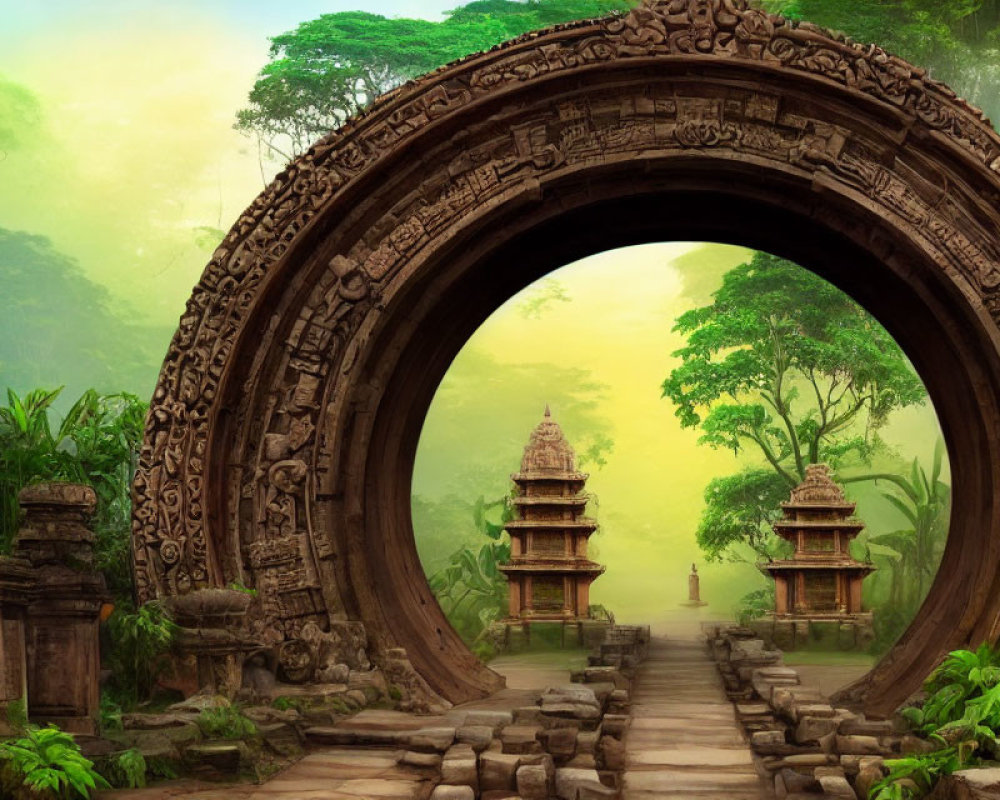 Intricate Carved Stone Wheel Frames Path to Mystical Temples