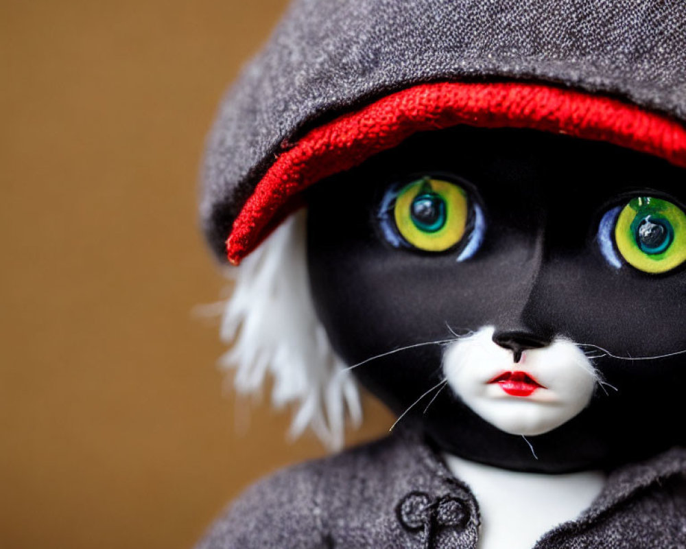 Stylized anthropomorphic cat figure with green eyes, gray hat, and red coat on brown background