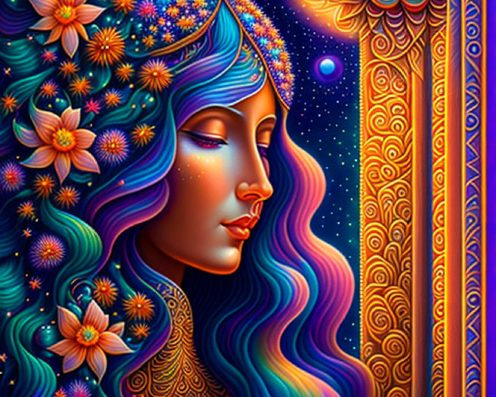 Colorful Artwork: Woman with Blue Hair and Floral Decor on Psychedelic Background