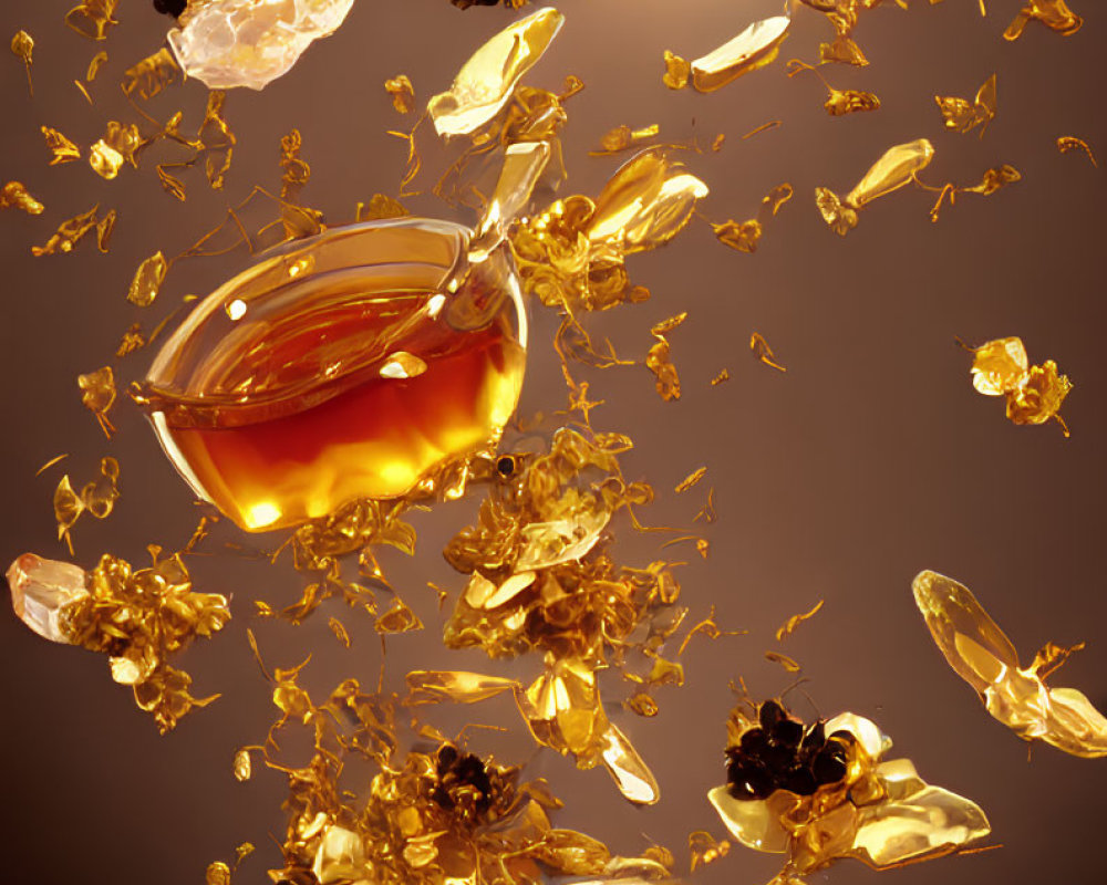 Glass teacup with spilled amber tea, golden leaves, and flowers on warm background