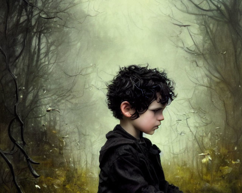 Dark Curly-Haired Child in Glasses Sitting in Misty Woods