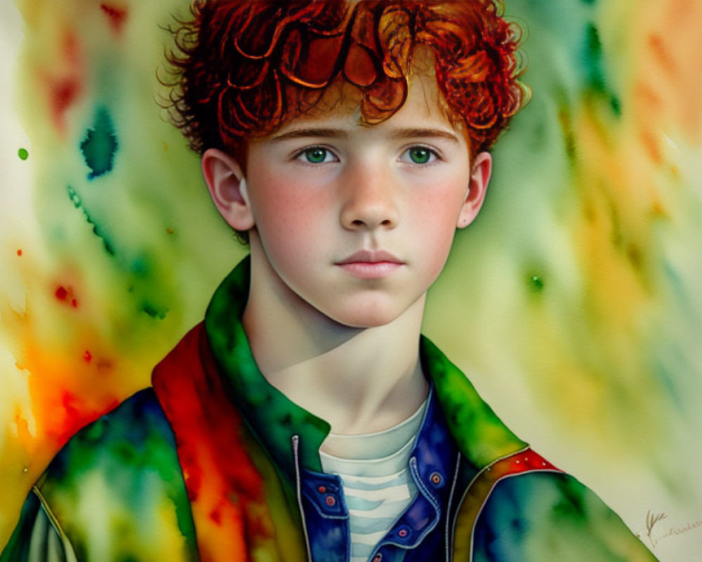 Young person with curly red hair and green jacket in front of colorful watercolor backdrop