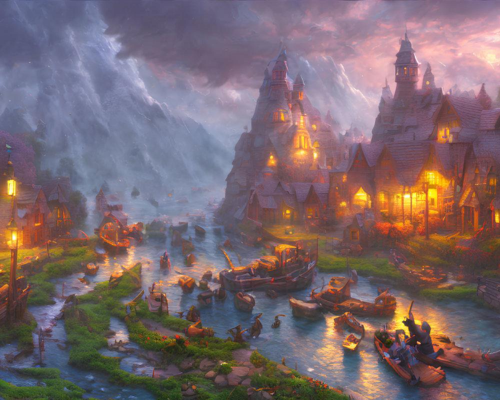 Fantasy village with illuminated homes, river, boats, mountains, stormy sky