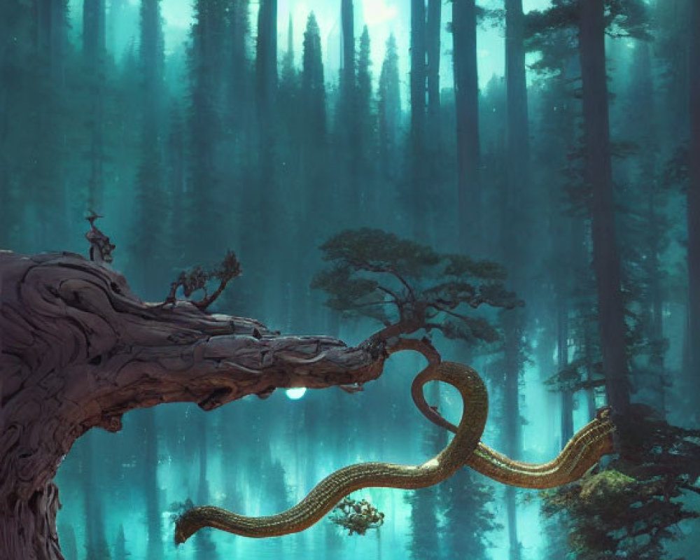 Enchanting forest with warrior on tree branch and flying creature