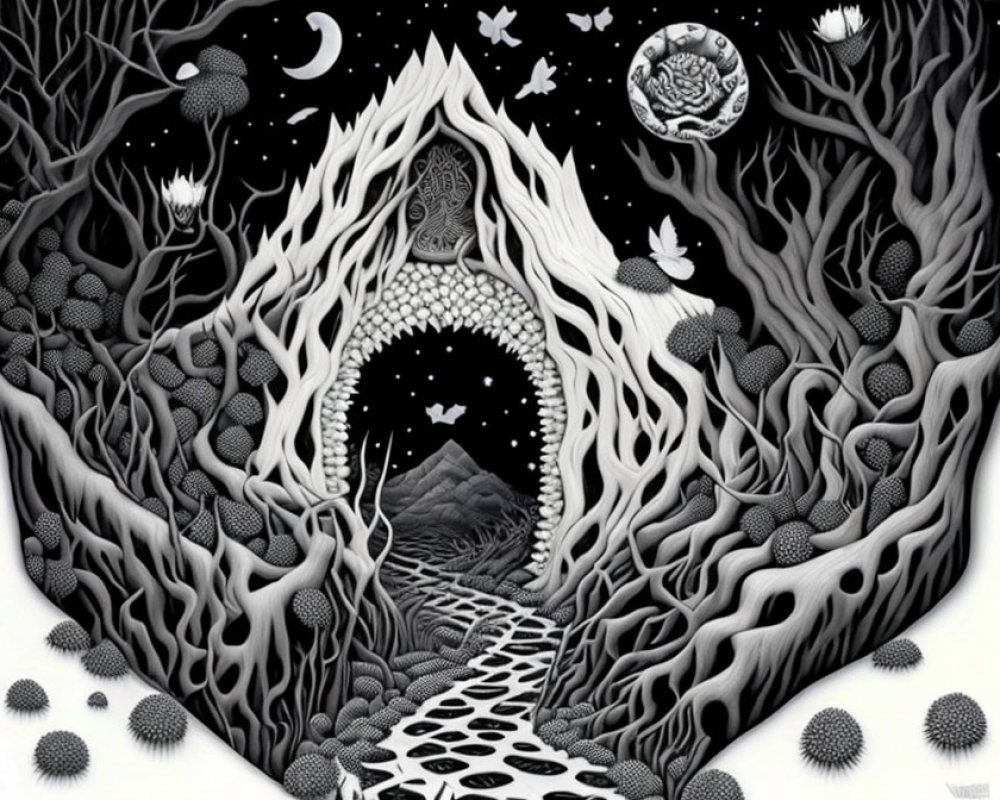 Surreal forest scene with path to portal under starry sky