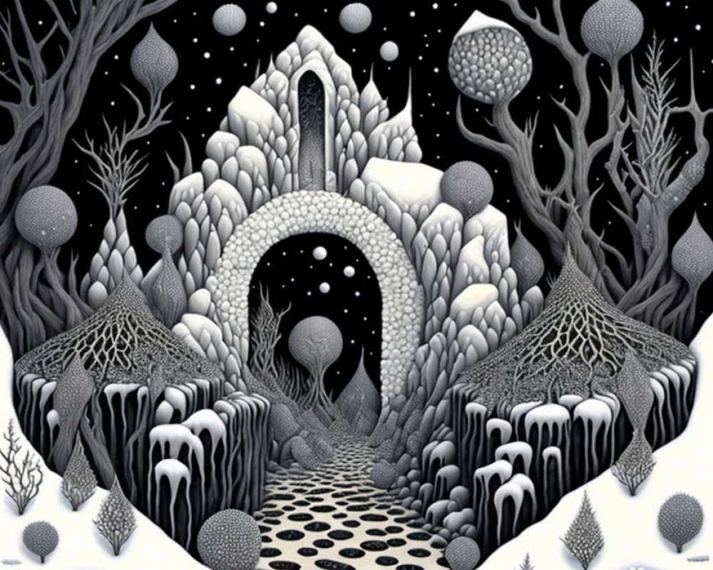 Monochrome fantasy landscape with archway gate and spherical trees