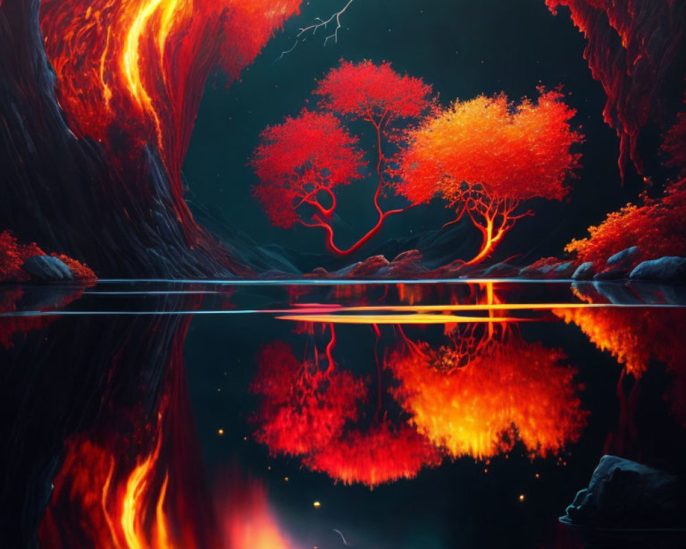 Vibrant digital artwork: fiery lava flow, calm water, red trees