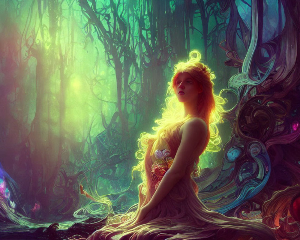 Ethereal woman in mystical forest with glowing hair and intricate roots