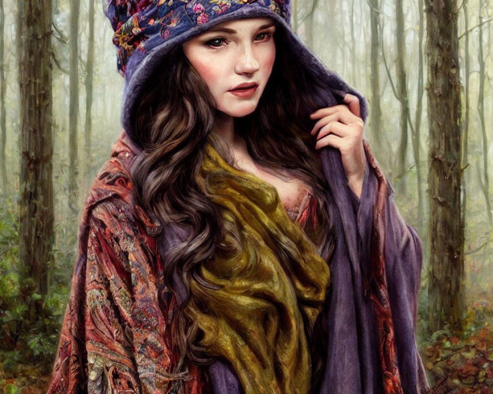 Woman with Long Wavy Hair in Vibrant Headscarf and Colorful Garments in Misty