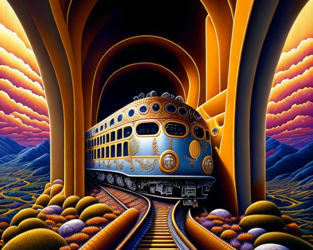 Surrealistic painting of vintage locomotive in vibrant landscape