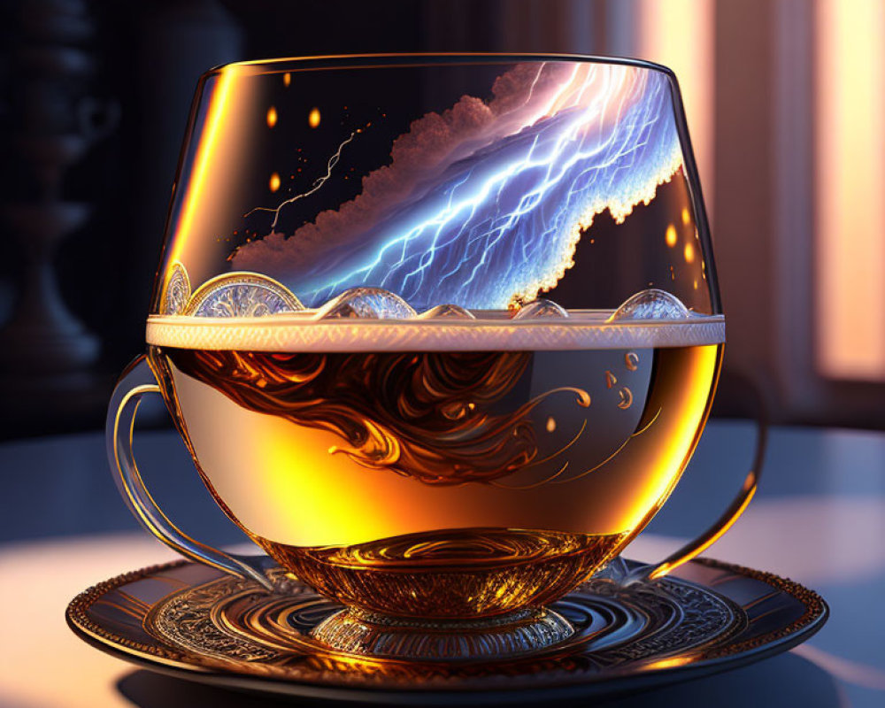 Ornate glass cup with stormy sea and lightning artwork on moody backdrop