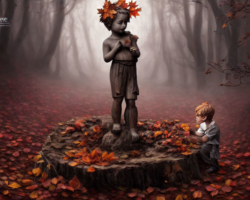 Surreal forest scene: boy, girl statue, fox