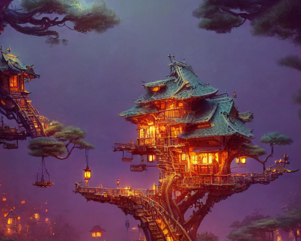 Mythical Asian treehouse illustration at twilight