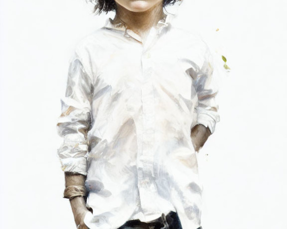 Realistic painting of young child with curly hair in white shirt and jeans