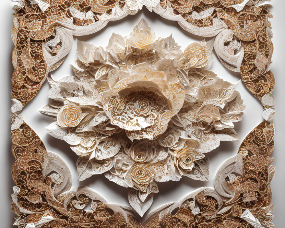 Detailed Paper Art Featuring Central Blooming Flower and Intricate Leaves