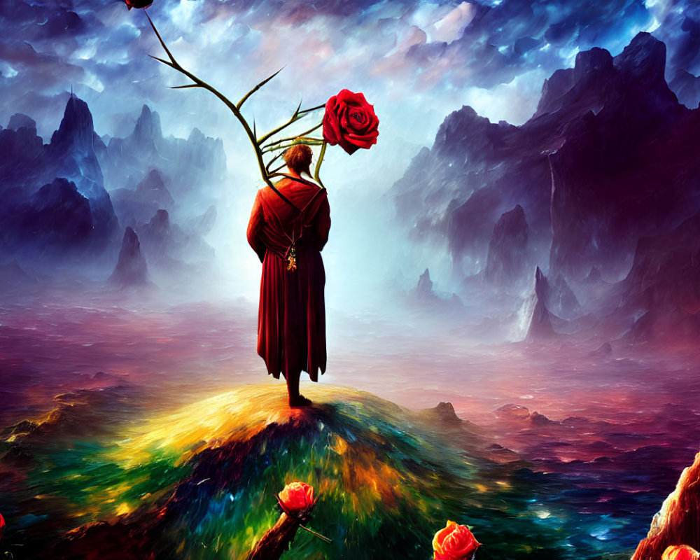 Person in Red Cloak on Vibrant Hill with Tree and Red Rose in Mystical Landscape