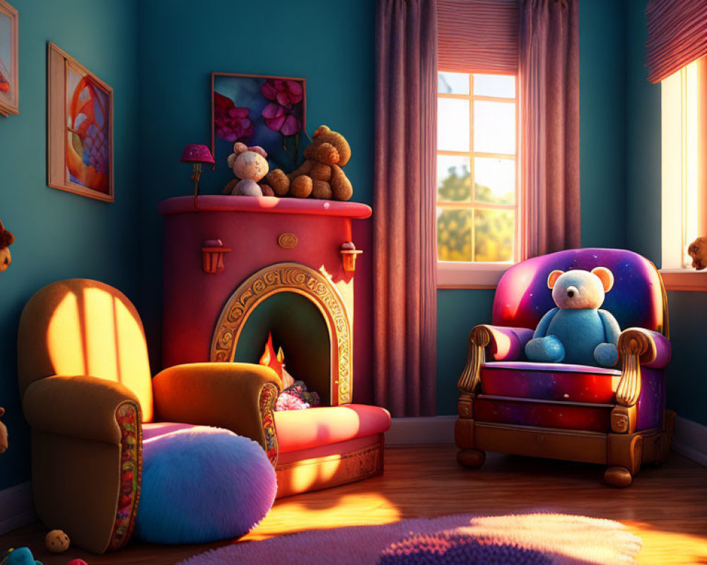 Warm Children's Room with Fireplace, Armchairs, Teddy Bears