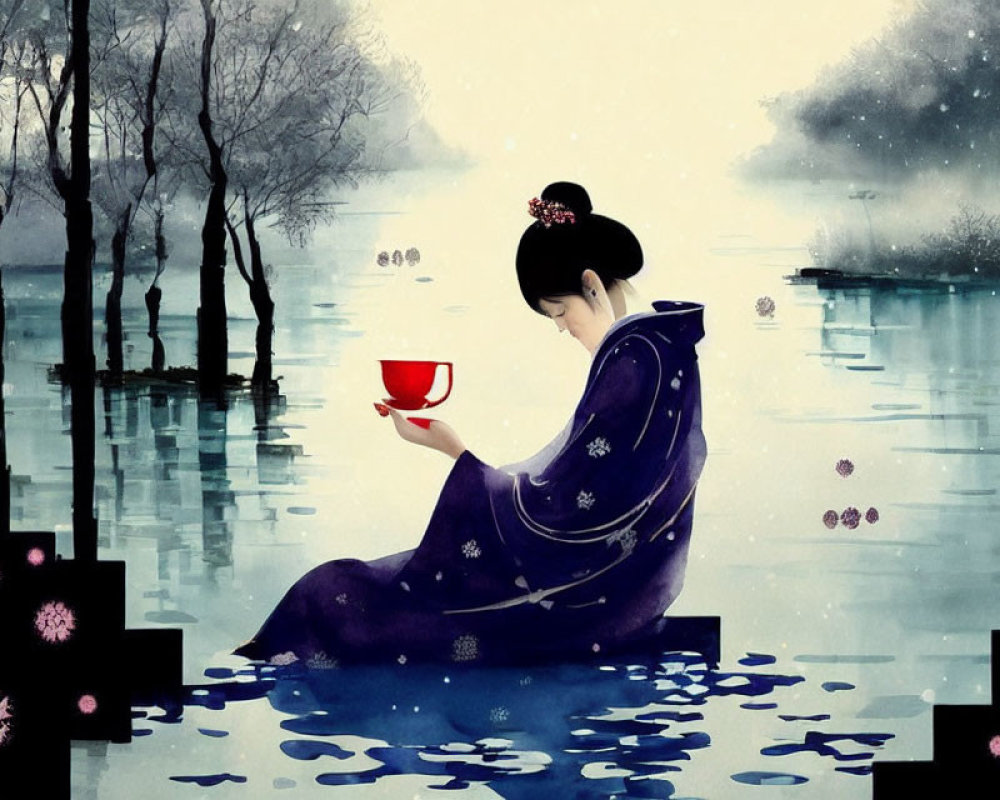 Illustrated woman in traditional attire by serene lake with red cup in misty landscape.