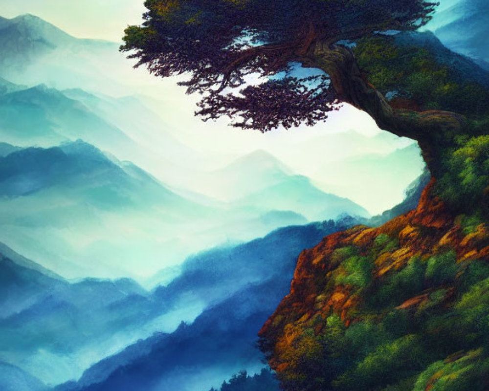 Surreal landscape with large tree on overhanging rock above misty hills