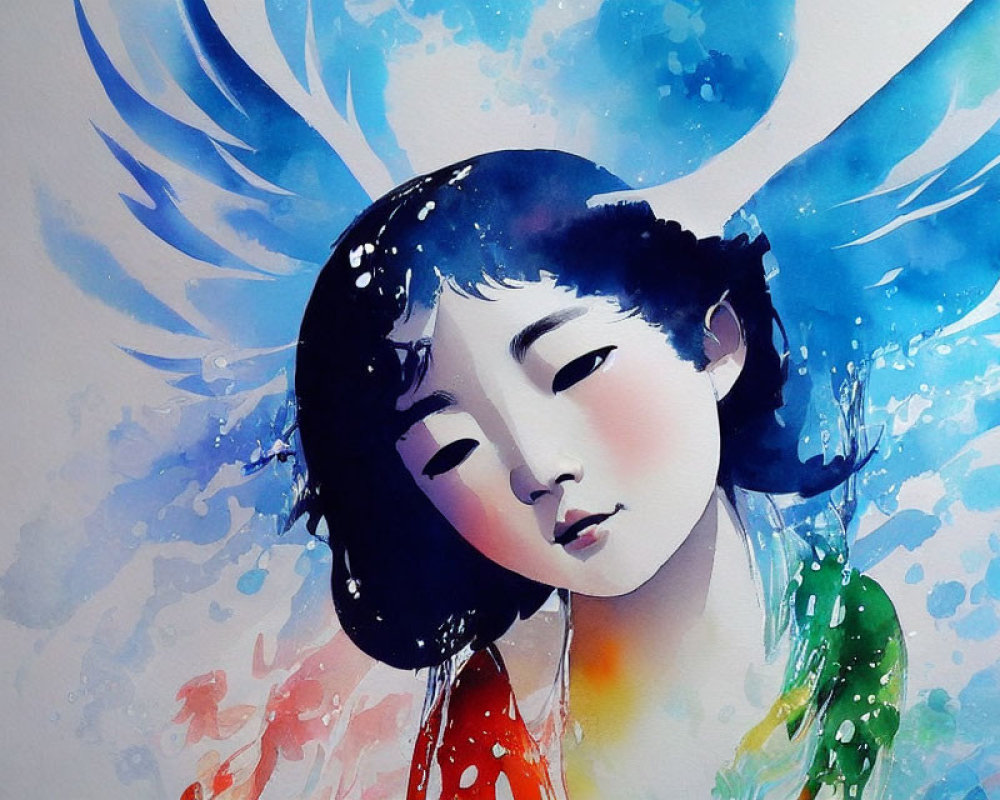 Vibrant watercolor painting of person with angel wings in blue, red, and green splashes