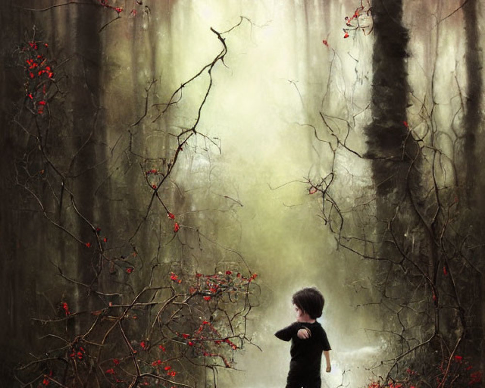 Child in mystical forest with red-flowered trees and stream.