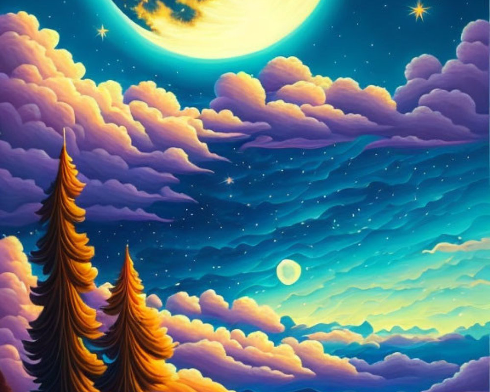 Stylized landscape with starry night sky, crescent moon, clouds, trees, hills