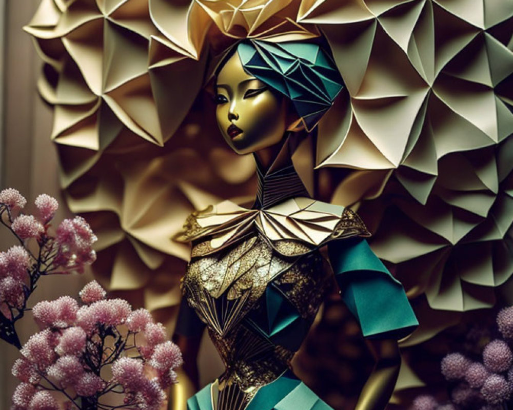 Geometric headpiece and dress in gold, teal, brown hues with pink flowers