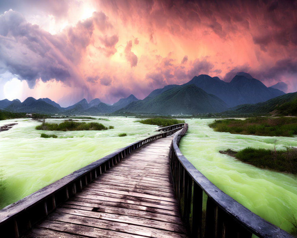 Scenic wooden boardwalk in vibrant wetlands under dramatic purple clouds