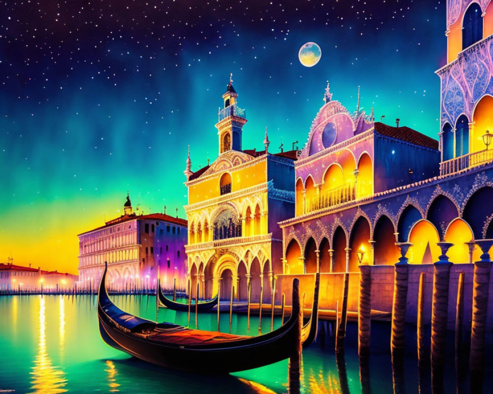 Surreal Venice artwork: gondola, starry sky, large moon