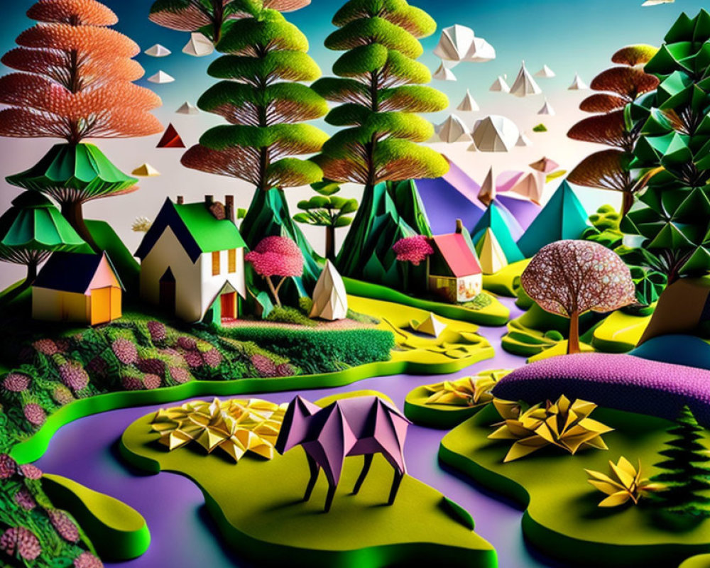 Whimsical landscape with colorful geometric elements