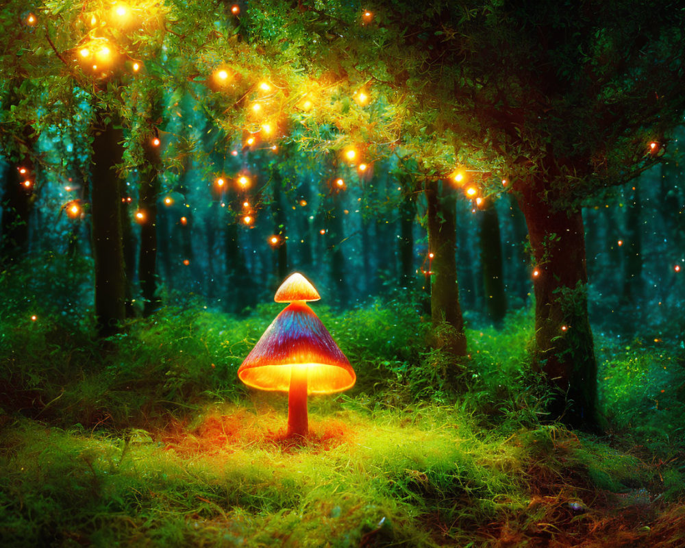 Enchanted forest scene with illuminated mushroom and twinkling trees