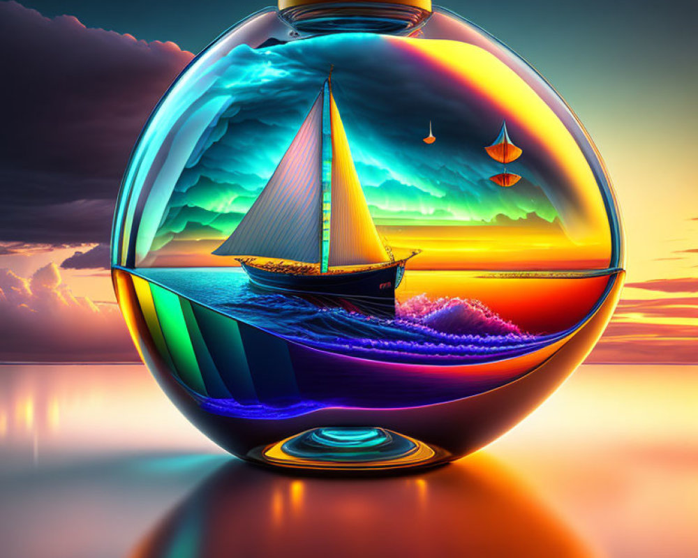 Colorful surreal image: Sailboat in glass vessel at sunset with ocean and fish