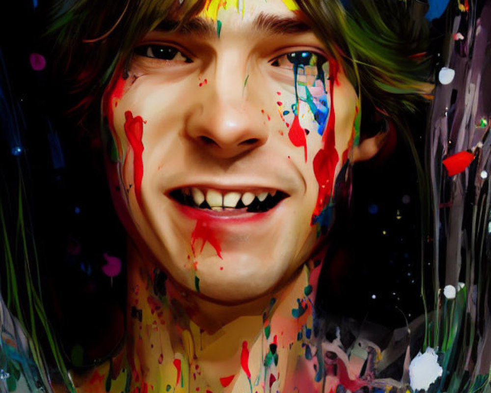 Colorful Digital Portrait of Joyful Person with Paint Splatters