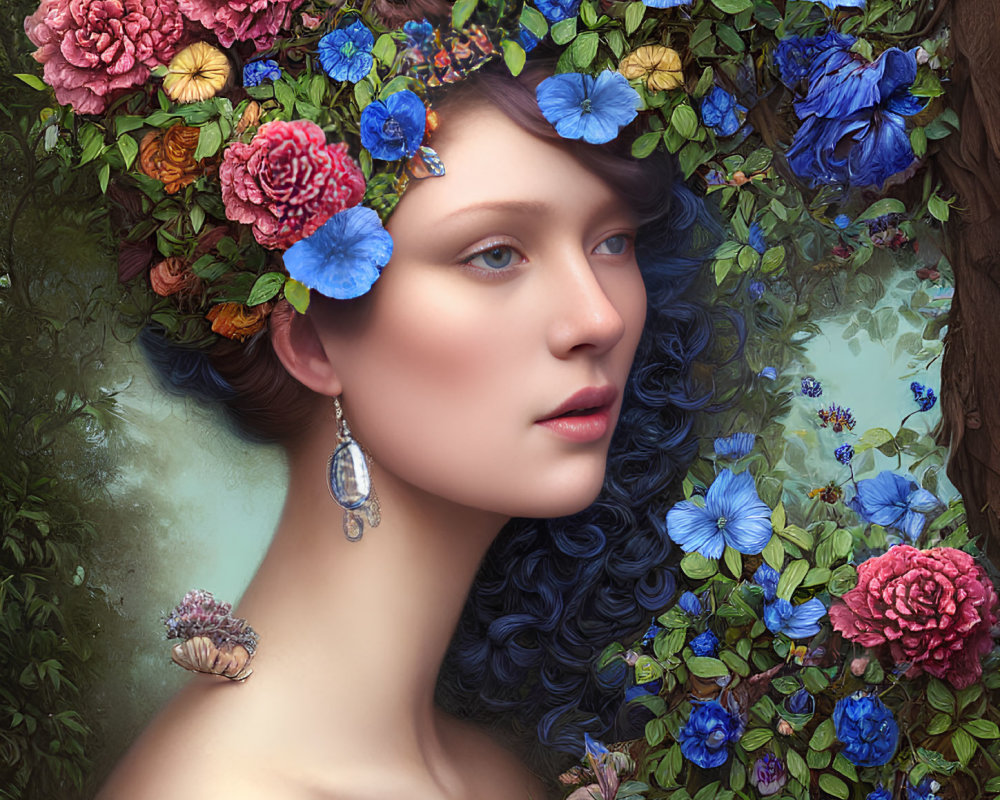 Portrait of woman with dark curly hair, adorned with vibrant flowers, in blue off-the-shoulder