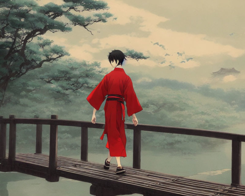 Red Kimono-Clad Animated Character on Wooden Bridge in Misty Landscape