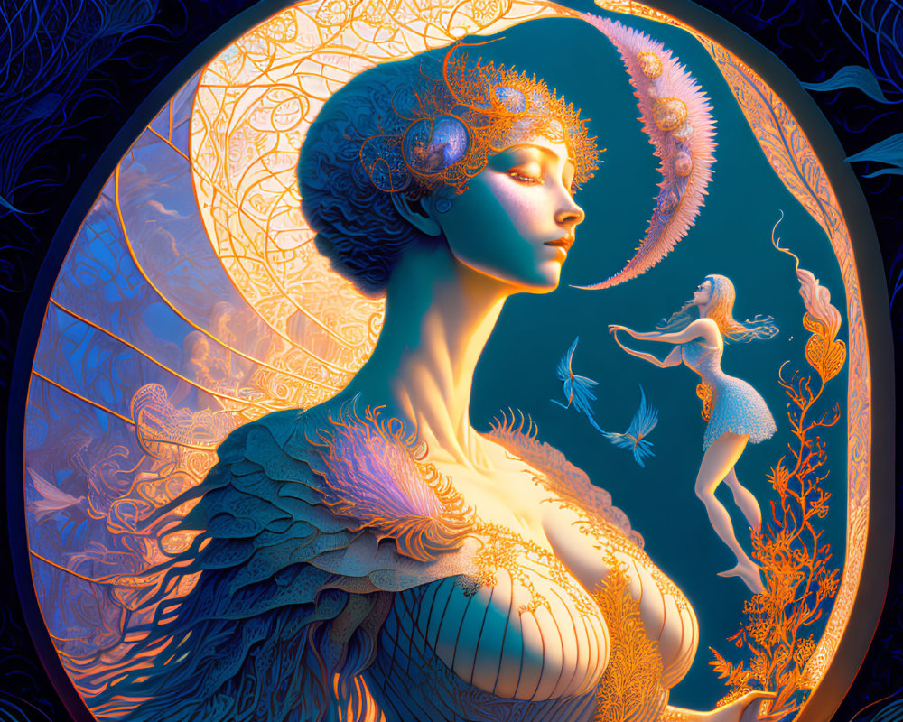 Intricate aquatic and fantasy-themed woman illustration in ornate circular frame